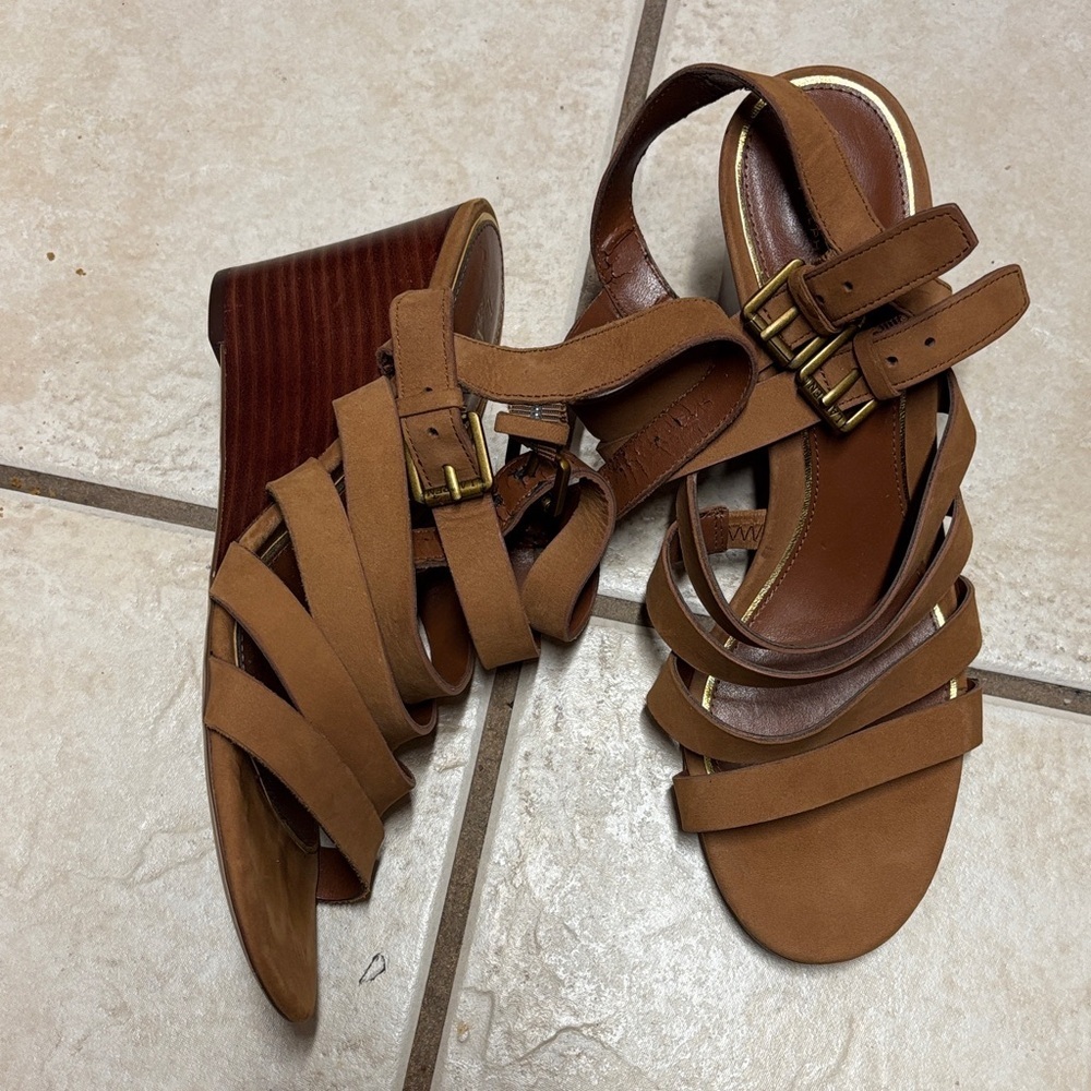 Lauren Ralph Lauren Aleigh Sandal Wedge Brown Open Toe Strappy 8.5b